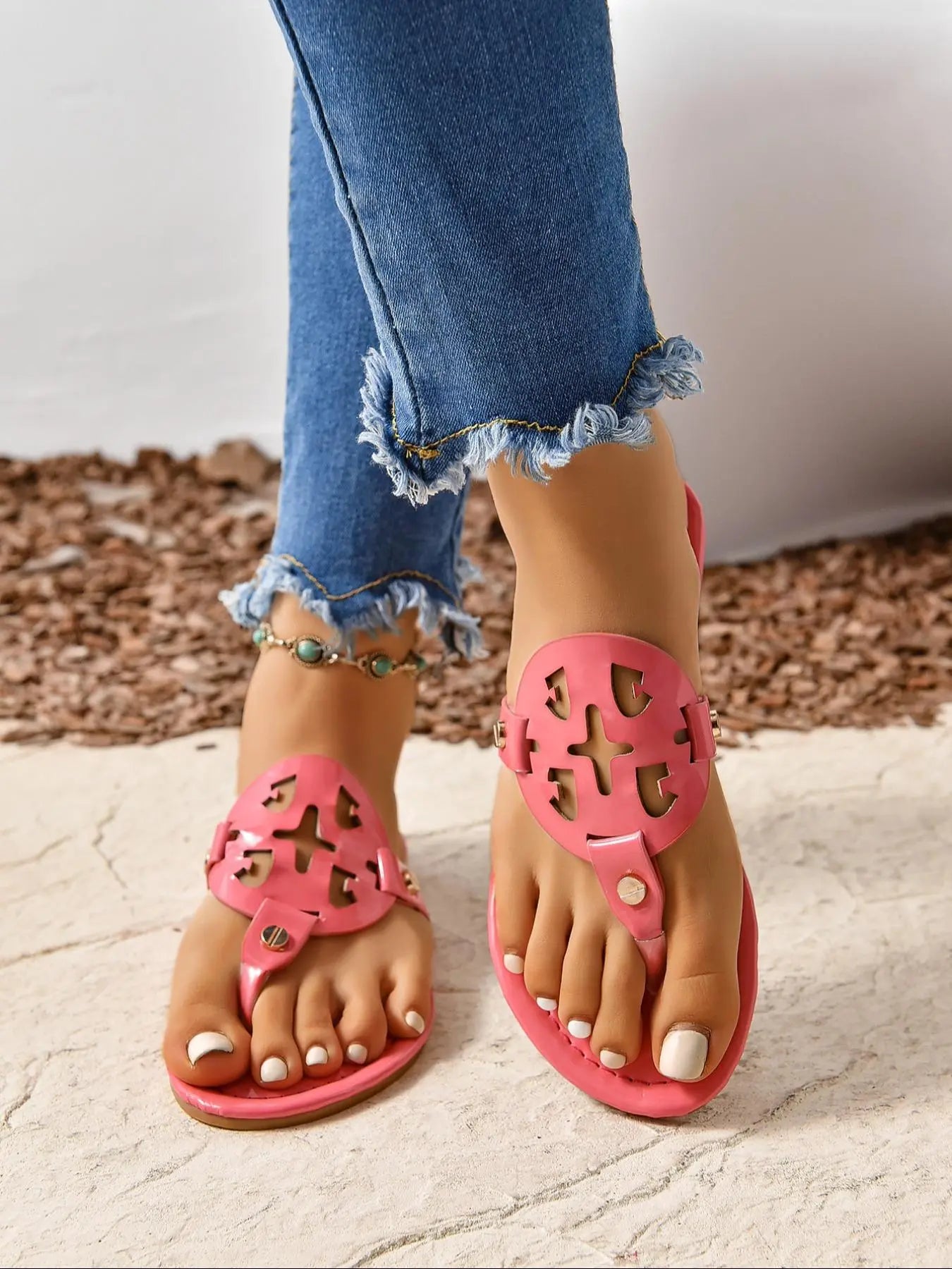 Women'S Fashionable Plain Color Sandals, Boho Style Flat Sandals for Beach, Casual Versatile Sandals for Daily Wear, PU Leather Slides