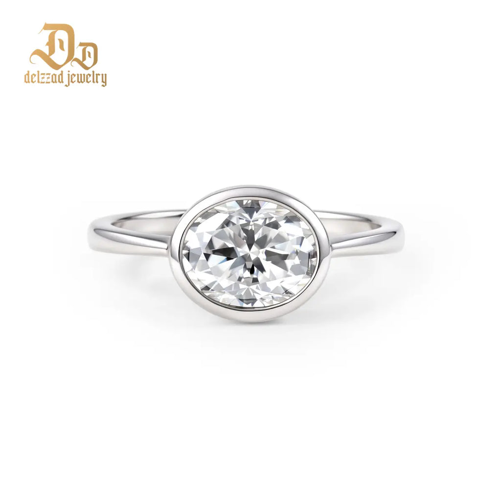 Delzzad 2Ct Lucid Moon Ring East to West Oval Bezel Engagement Ring Band VVS Synthetic Moissanite Ring Jewelry Copper Band Perfect Birthday Engagement Wedding Anniversary Christmas Valentine'S Day Mother'S Day Gift