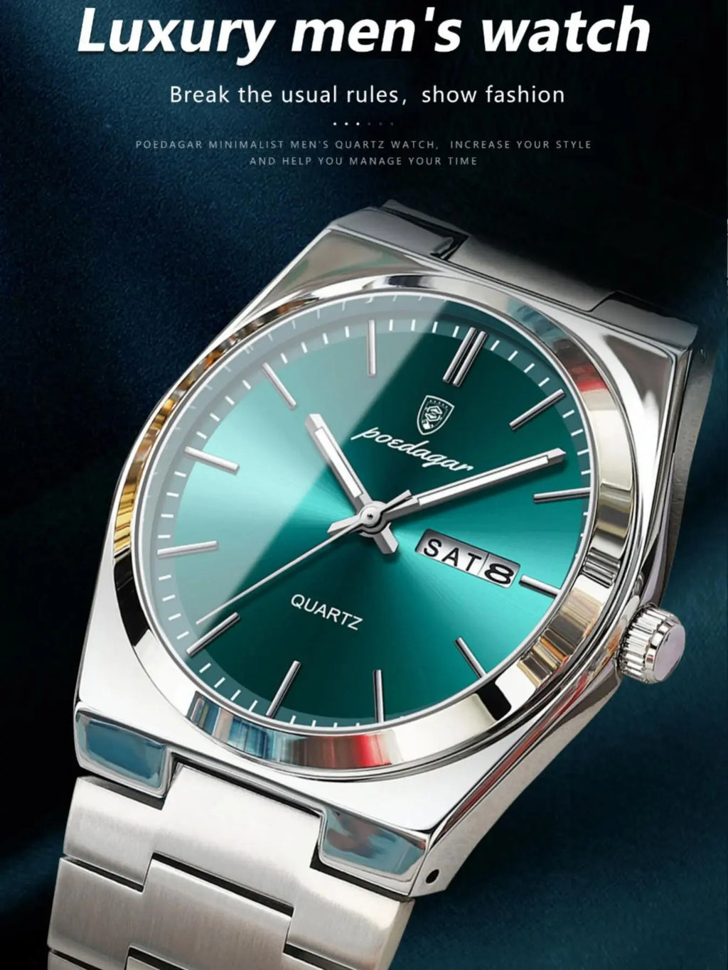 Luxury Men'S Quartz Watch, Luminous Hands, Fashion Square Dial, Date Calendar, 30M Waterproof, Stainless Steel Strap, Business Gift