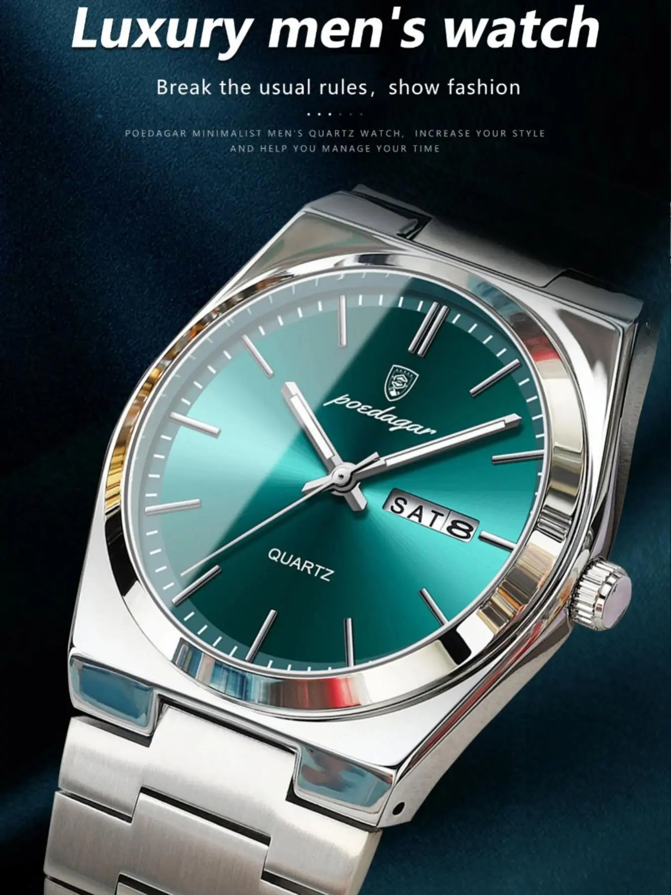 Luxury Men'S Quartz Watch, Luminous Hands, Fashion Square Dial, Date Calendar, 30M Waterproof, Stainless Steel Strap, Business Gift