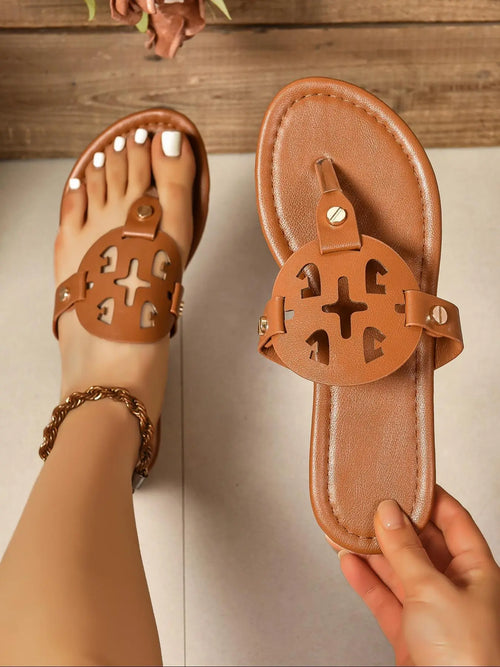 Women'S Fashionable Plain Color Sandals, Boho Style Flat Sandals for Beach, Casual Versatile Sandals for Daily Wear, PU Leather Slides